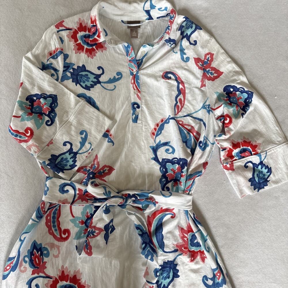 Chico’s Women’s Maxi Dress Paisley 3-4 Sleeve Tie Waist Cotton Beach Sz M / 12 - Picture 3 of 16
